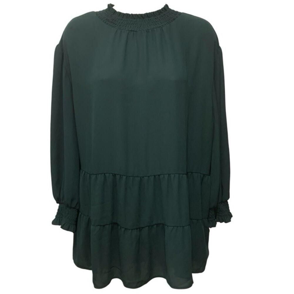 New York & Company Green Tiered Chiffon Blouse Smocked Ruffle Top XXL